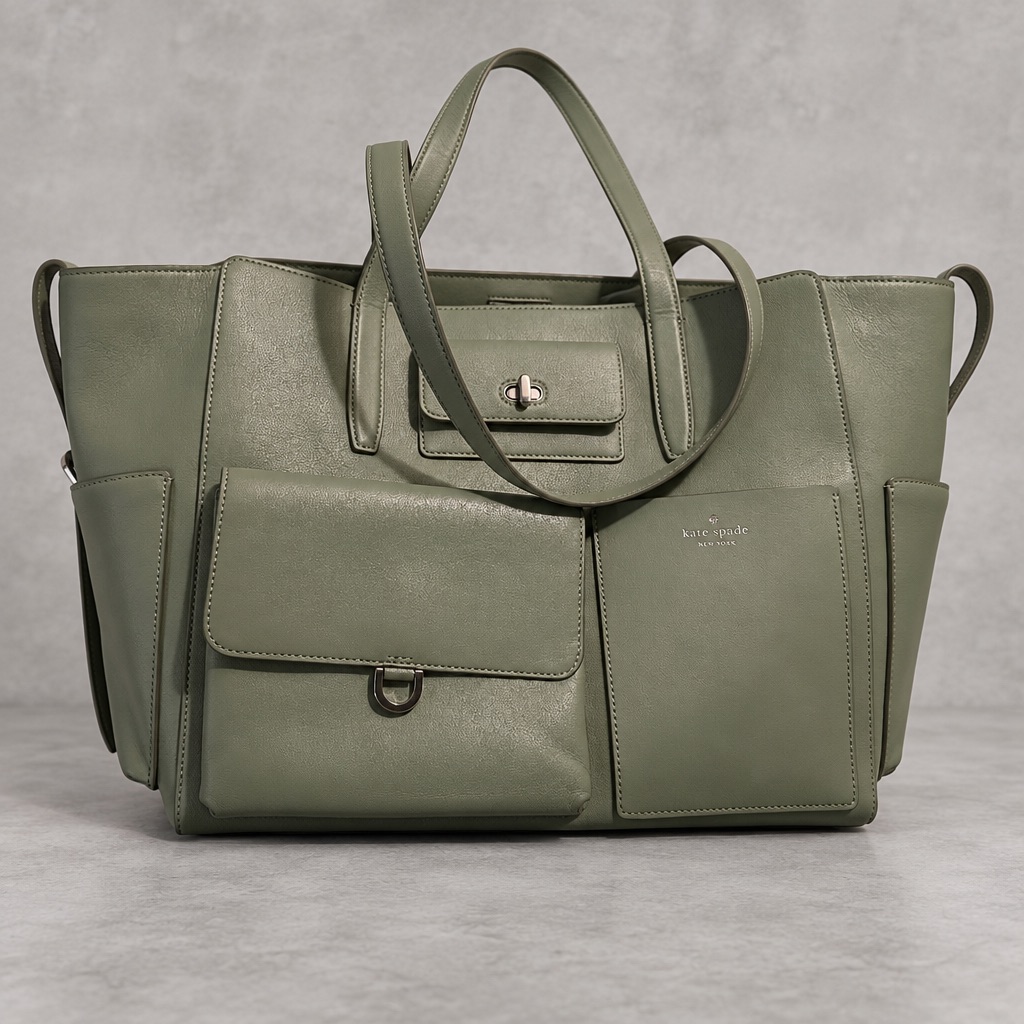 Kate Spade Sage Green Multi-Pocket Leather Tote